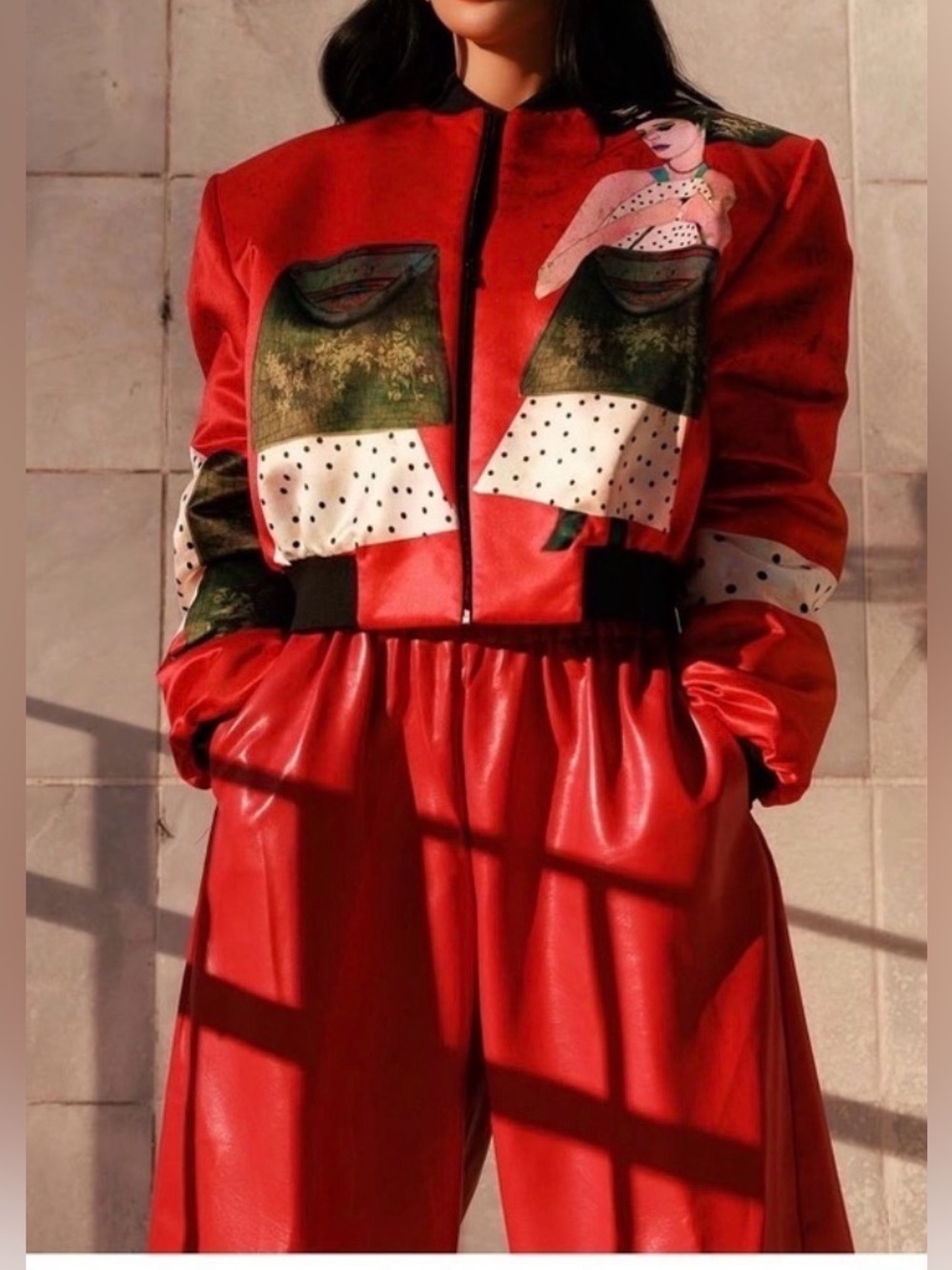 NWT Source Unknown Red Bomber Jacket with Artistic Print - Picture 2 of 5